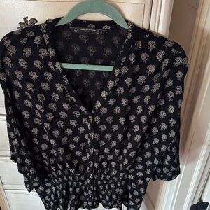 Universal Thread Black V‑Neck Blouse with Ivory Floral Motif